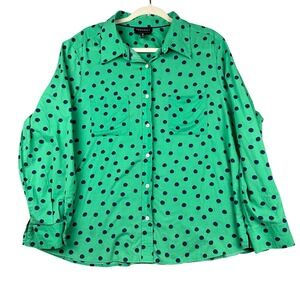 Foxcroft Button Up Shirt Womens 18W Green Blue Polka Dot Wrinkle Free Cotton